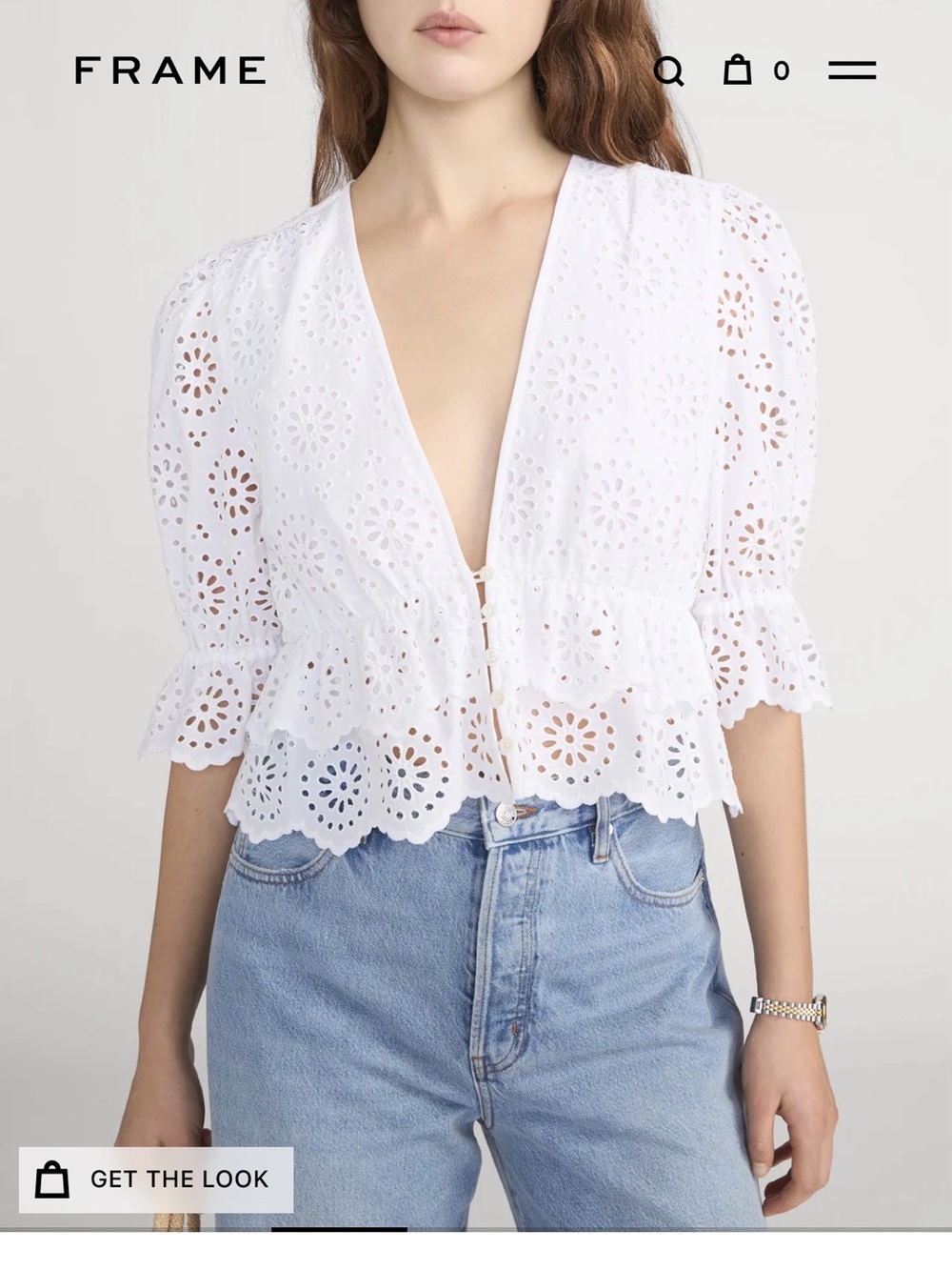 Frame White Eyelet Peplum Button-Front Top